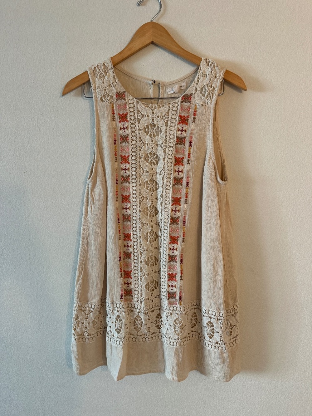 Coco + Jaimeson Embroidered Crochet Tunic Top Cream Women's XL Boho